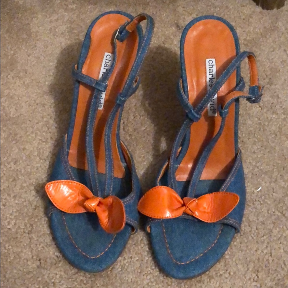 Charles David denim and orange heels